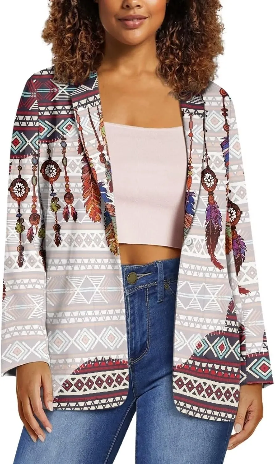 Southwest Ethnic Aztec Geometric Casual Hawaiian Blazers Women's Lapel One Button Blazers Vacation Outfits