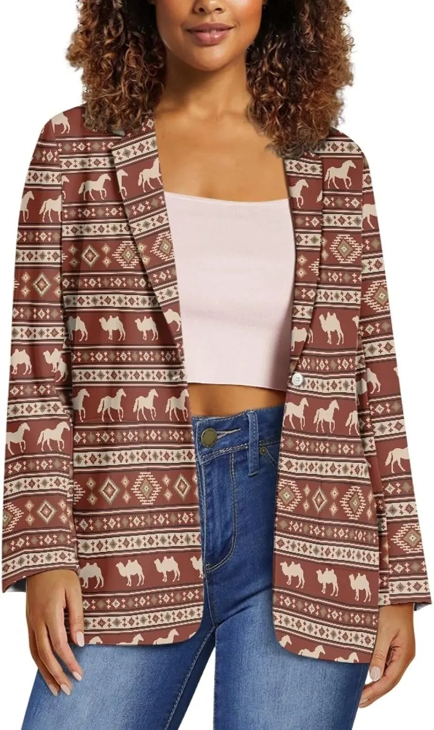 Southwest Ethnic Aztec Geometric Casual Hawaiian Blazers Women's Lapel One Button Blazers Vacation Outfits