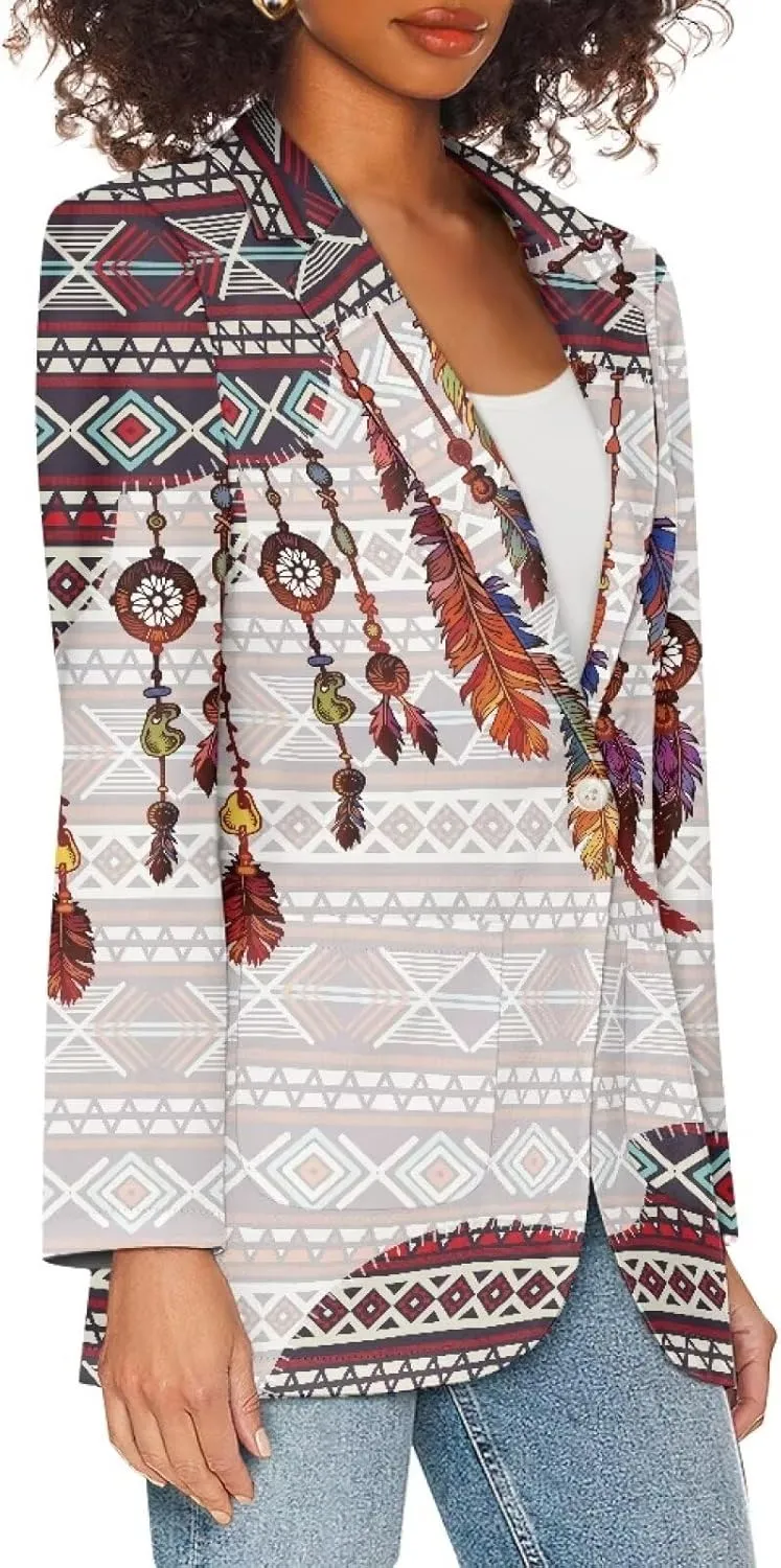 Southwest Ethnic Aztec Geometric Casual Hawaiian Blazers Women's Lapel One Button Blazers Vacation Outfits