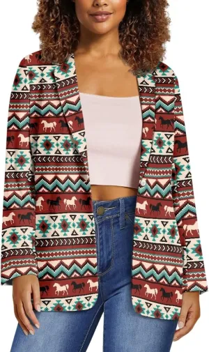 Southwest Ethnic Aztec Geometric Casual Hawaiian Blazers Women's Lapel One Button Blazers Vacation Outfits