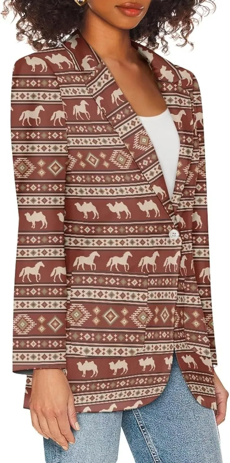 Southwest Ethnic Aztec Geometric Casual Hawaiian Blazers Women's Lapel One Button Blazers Vacation Outfits