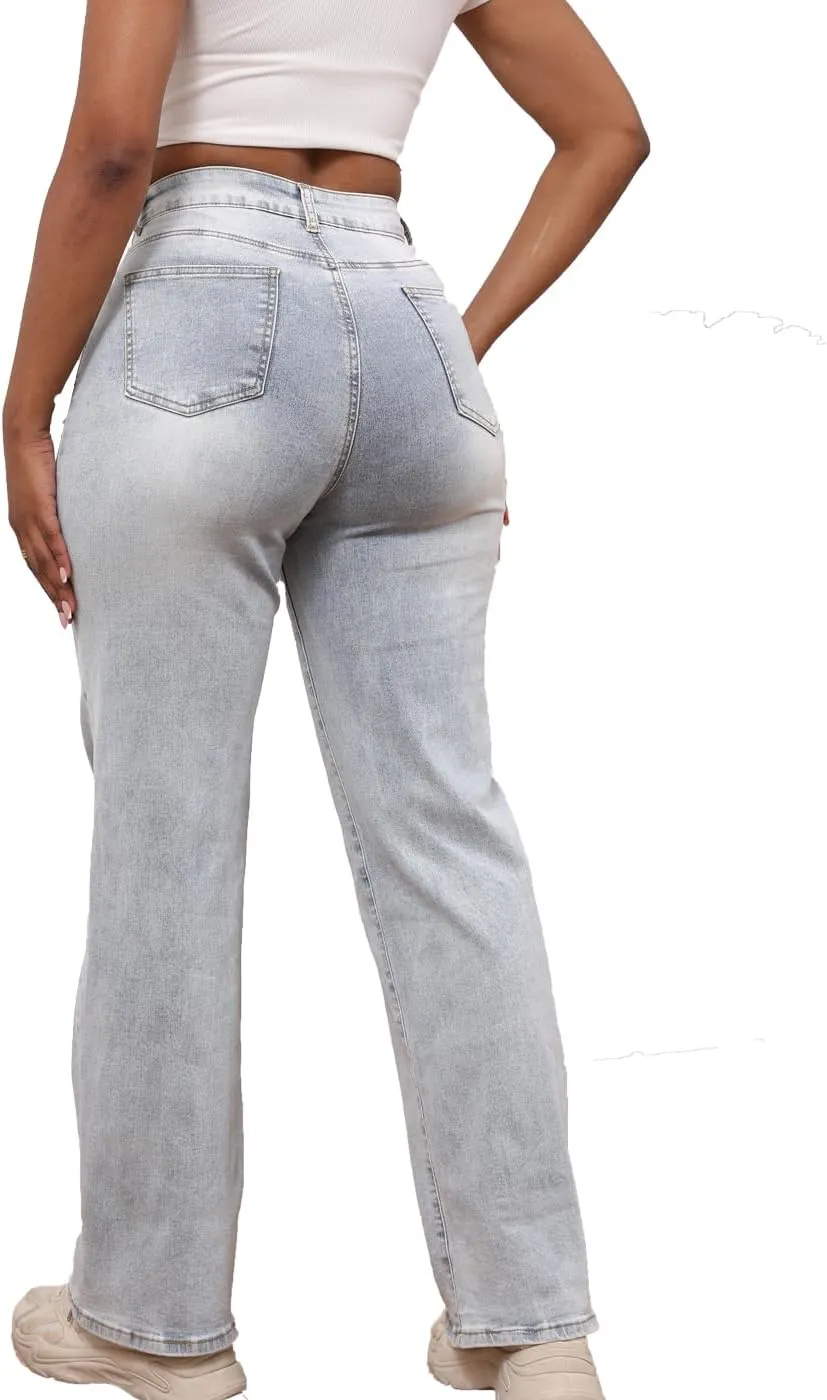 Syydn Women Loose Hole Ripped High Waist Wide Straight Leg Jeans Stretchy Distressed Denim Pants