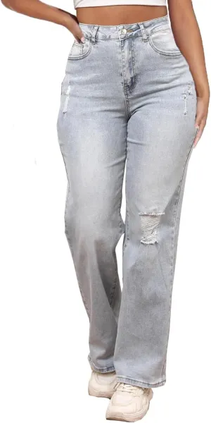 Syydn Women Loose Hole Ripped High Waist Wide Straight Leg Jeans Stretchy Distressed Denim Pants
