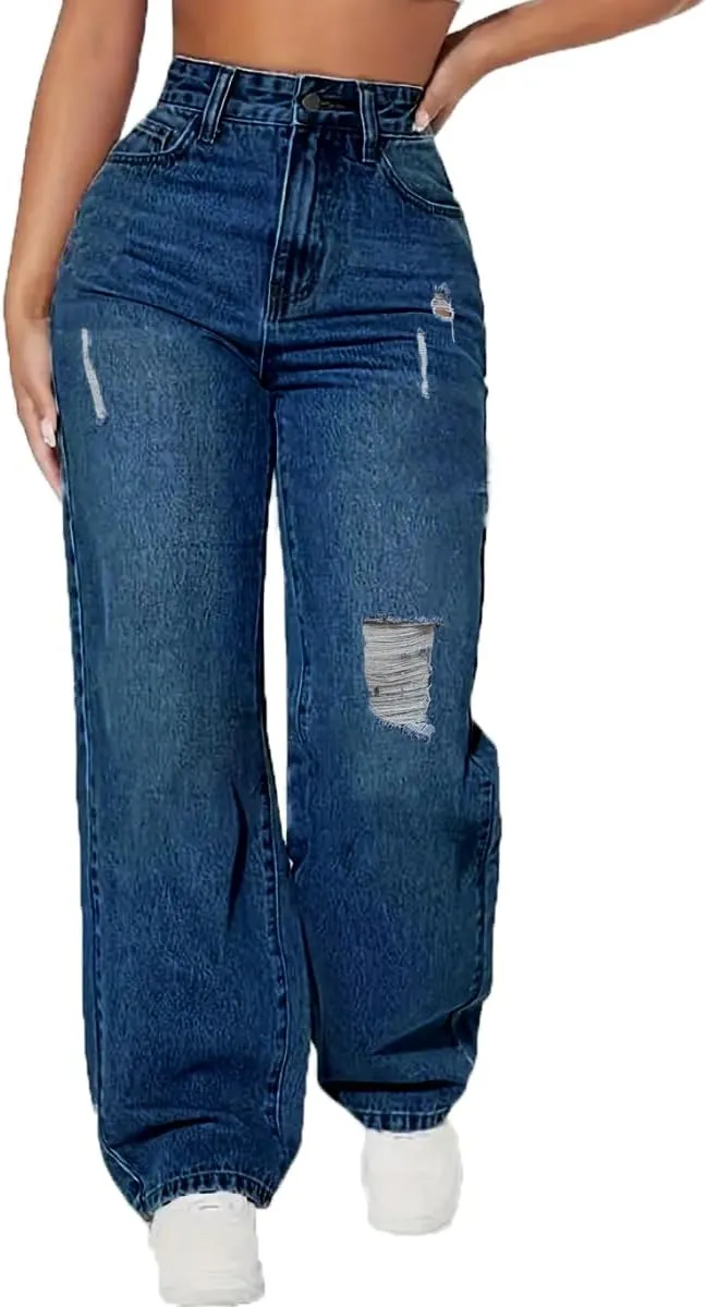 Syydn Women Loose Hole Ripped High Waist Wide Straight Leg Jeans Stretchy Distressed Denim Pants