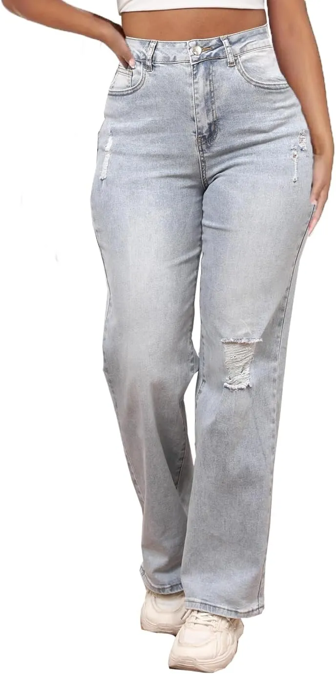 Syydn Women Loose Hole Ripped High Waist Wide Straight Leg Jeans Stretchy Distressed Denim Pants