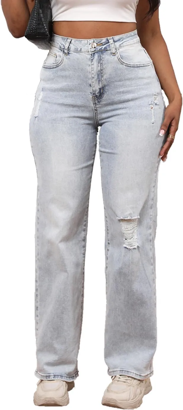 Syydn Women Loose Hole Ripped High Waist Wide Straight Leg Jeans Stretchy Distressed Denim Pants