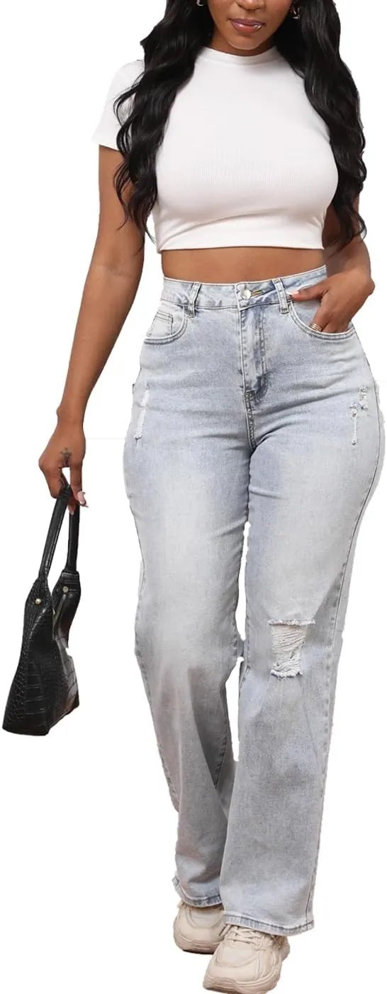 Syydn Women Loose Hole Ripped High Waist Wide Straight Leg Jeans Stretchy Distressed Denim Pants