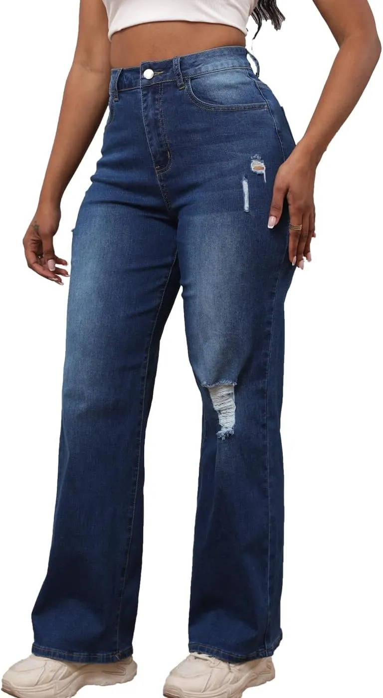 Syydn Women Loose Hole Ripped High Waist Wide Straight Leg Jeans Stretchy Distressed Denim Pants
