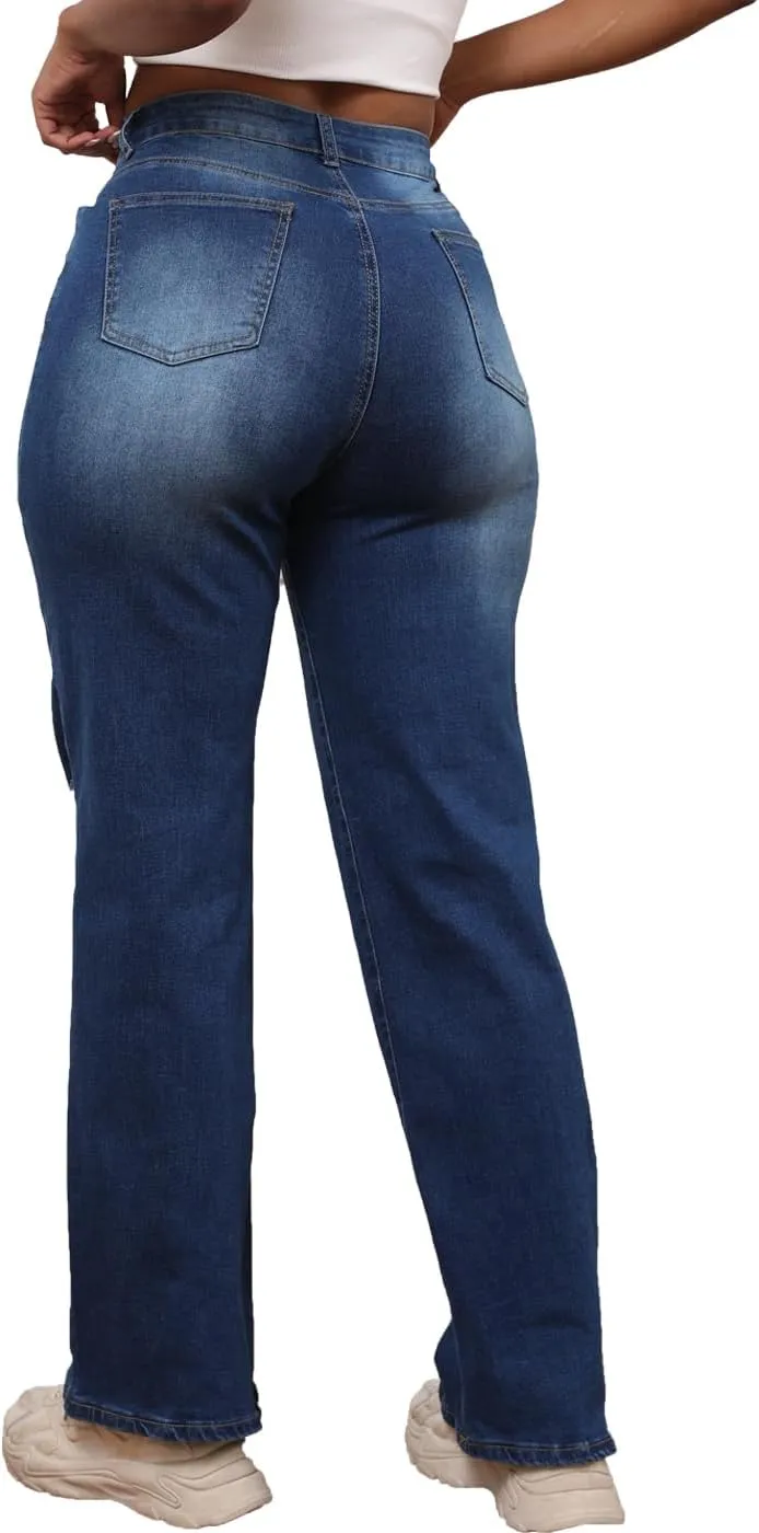 Syydn Women Loose Hole Ripped High Waist Wide Straight Leg Jeans Stretchy Distressed Denim Pants