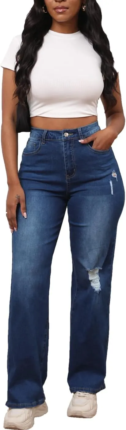 Syydn Women Loose Hole Ripped High Waist Wide Straight Leg Jeans Stretchy Distressed Denim Pants