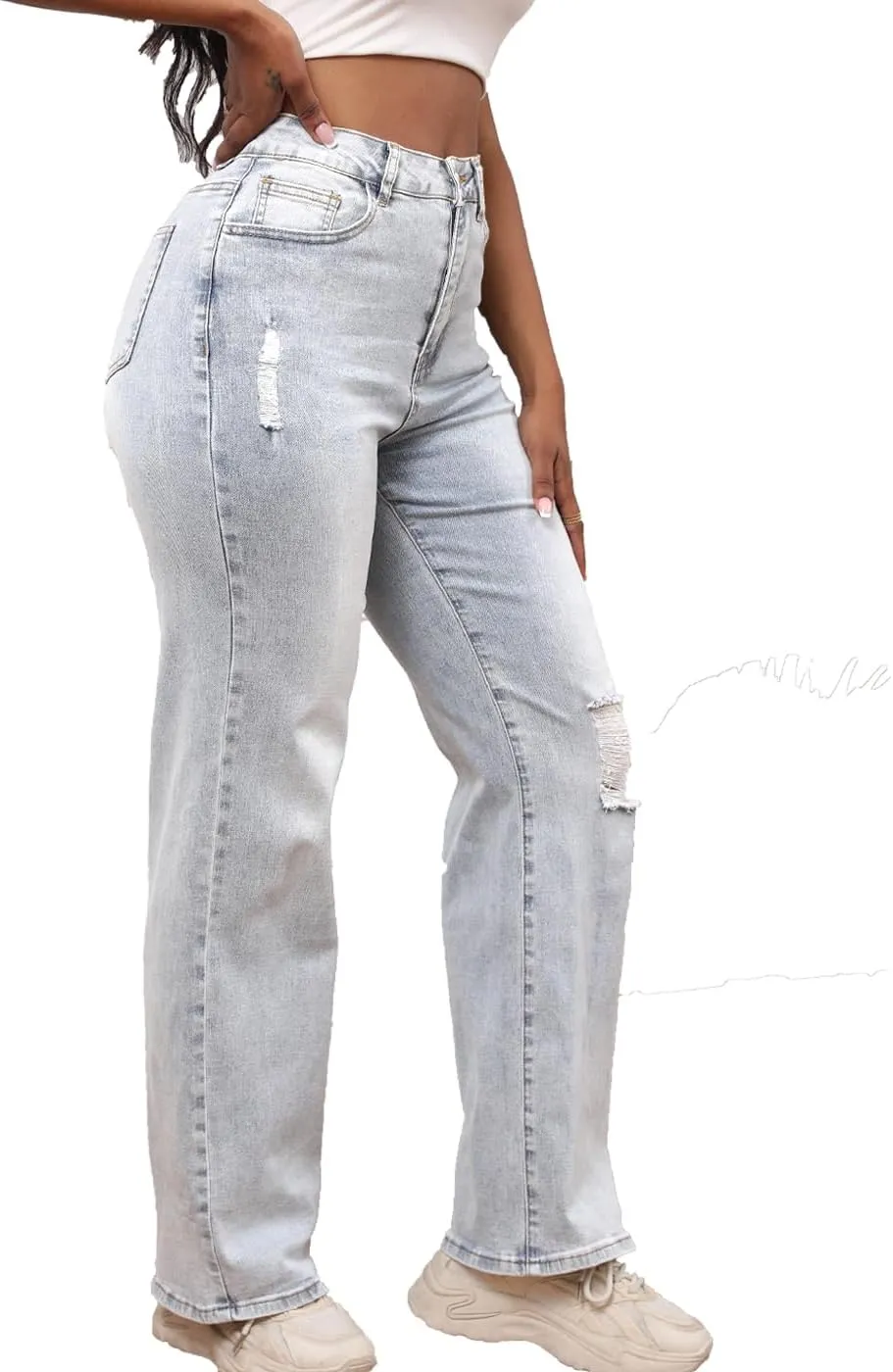 Syydn Women Loose Hole Ripped High Waist Wide Straight Leg Jeans Stretchy Distressed Denim Pants