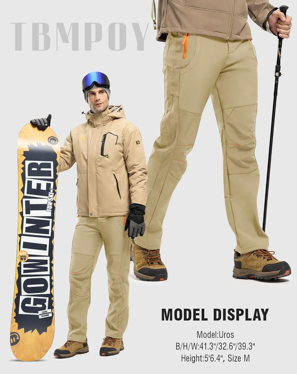 TBMPOY Men's Snow Ski Hiking Pants Waterproof Winter Fleece Lined Pants Camping Skiing Ice Fishing Pants with Belt