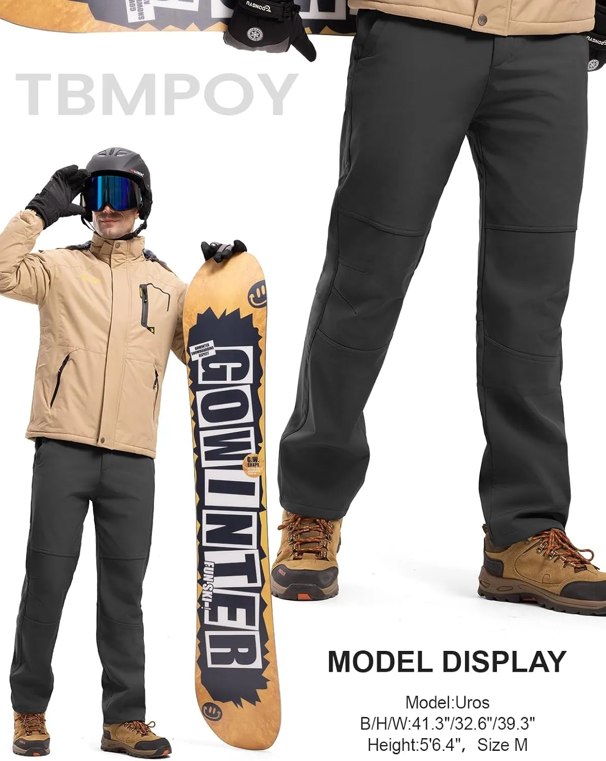 TBMPOY Men's Snow Ski Hiking Pants Waterproof Winter Fleece Lined Pants Camping Skiing Ice Fishing Pants with Belt