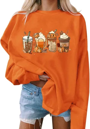 Thanksgiving Sweatshirt Women Pumpkin Coffee Graphic Sweatshirts Cute Halloween Shirts Fall Crewneck Sweatshirt
