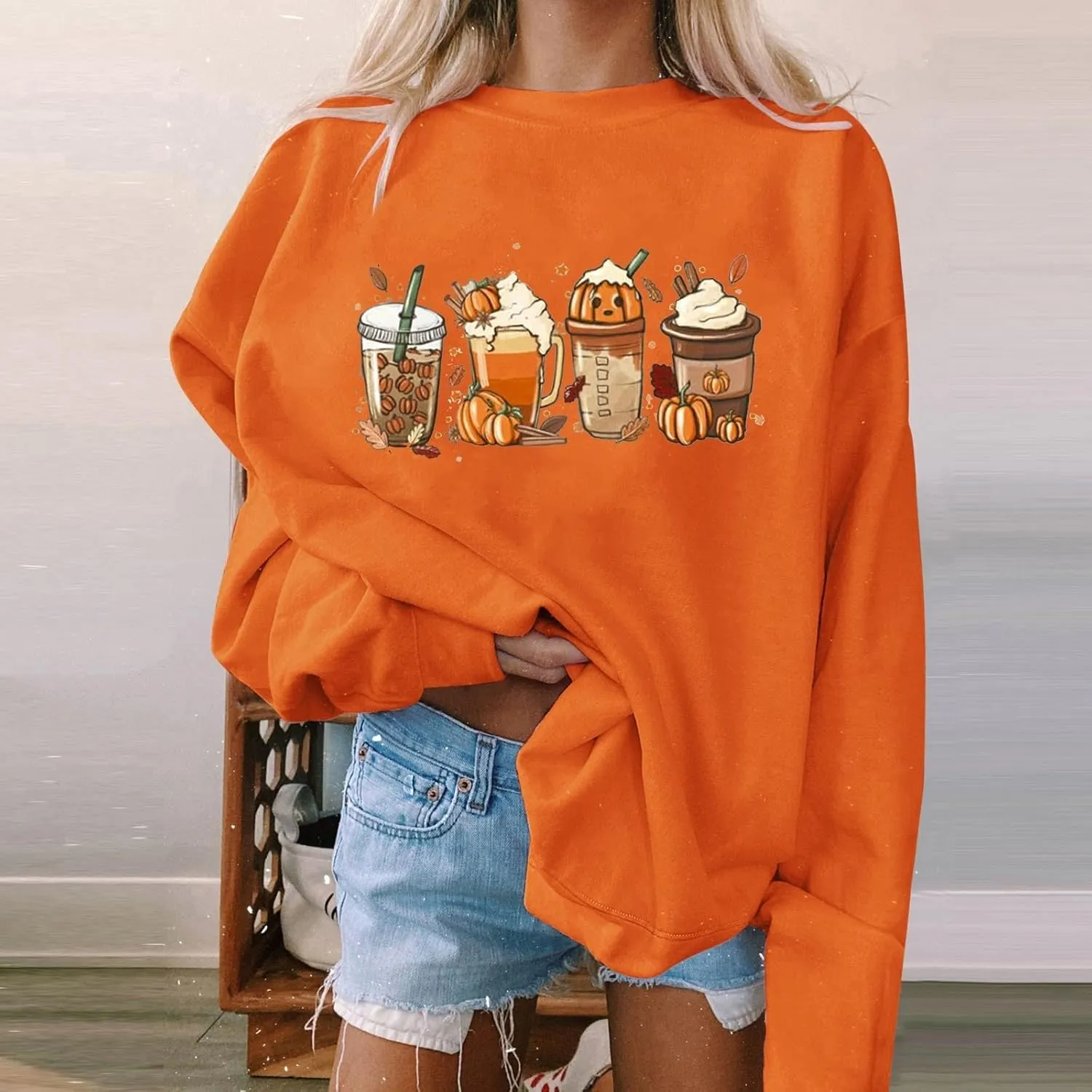 Thanksgiving Sweatshirt Women Pumpkin Coffee Graphic Sweatshirts Cute Halloween Shirts Fall Crewneck Sweatshirt