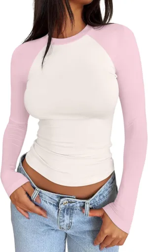 Trendy Queen Women's Long Sleeve Shirts Slim Fit Stretchy Color Block Slightly Cropped Tops