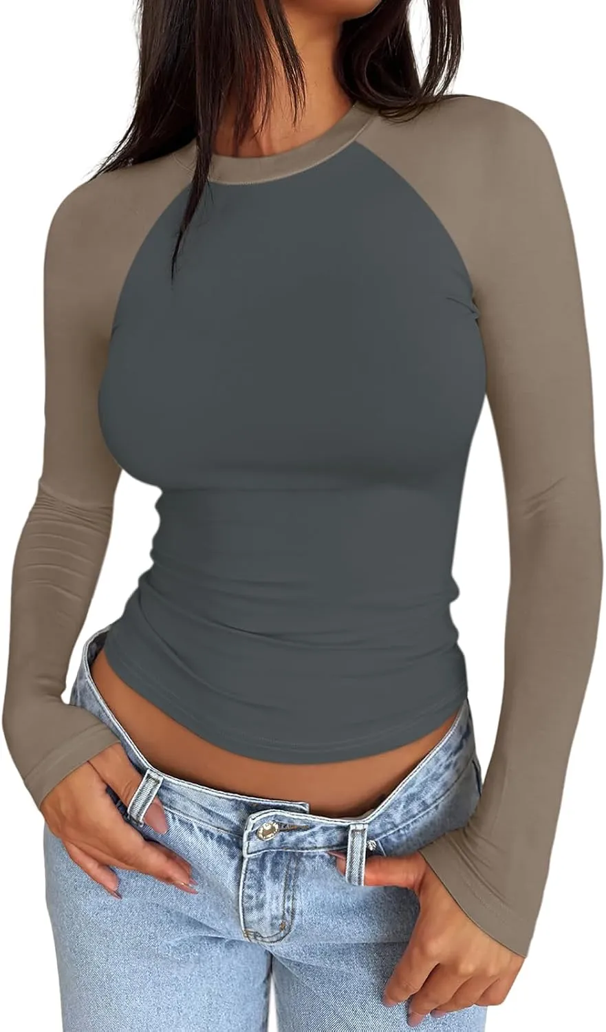 Trendy Queen Women's Long Sleeve Shirts Slim Fit Stretchy Color Block Slightly Cropped Tops