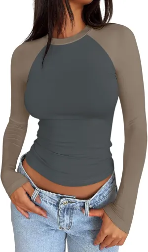 Trendy Queen Women's Long Sleeve Shirts Slim Fit Stretchy Color Block Slightly Cropped Tops