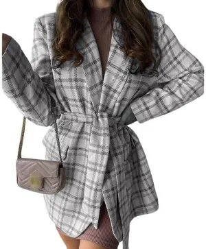 utcoco Womens Casual Belted Plaid Blazers Open Front Long Sleeve Work Office Suit Jackets Blazer