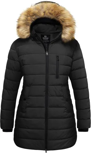 wantdo Women's Plus Size Winter Coats Warm Long Puffer Coat Quilted Parka Jacket with Removable Fur Hood