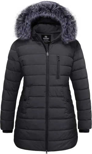wantdo Women's Plus Size Winter Coats Warm Long Puffer Coat Quilted Parka Jacket with Removable Fur Hood