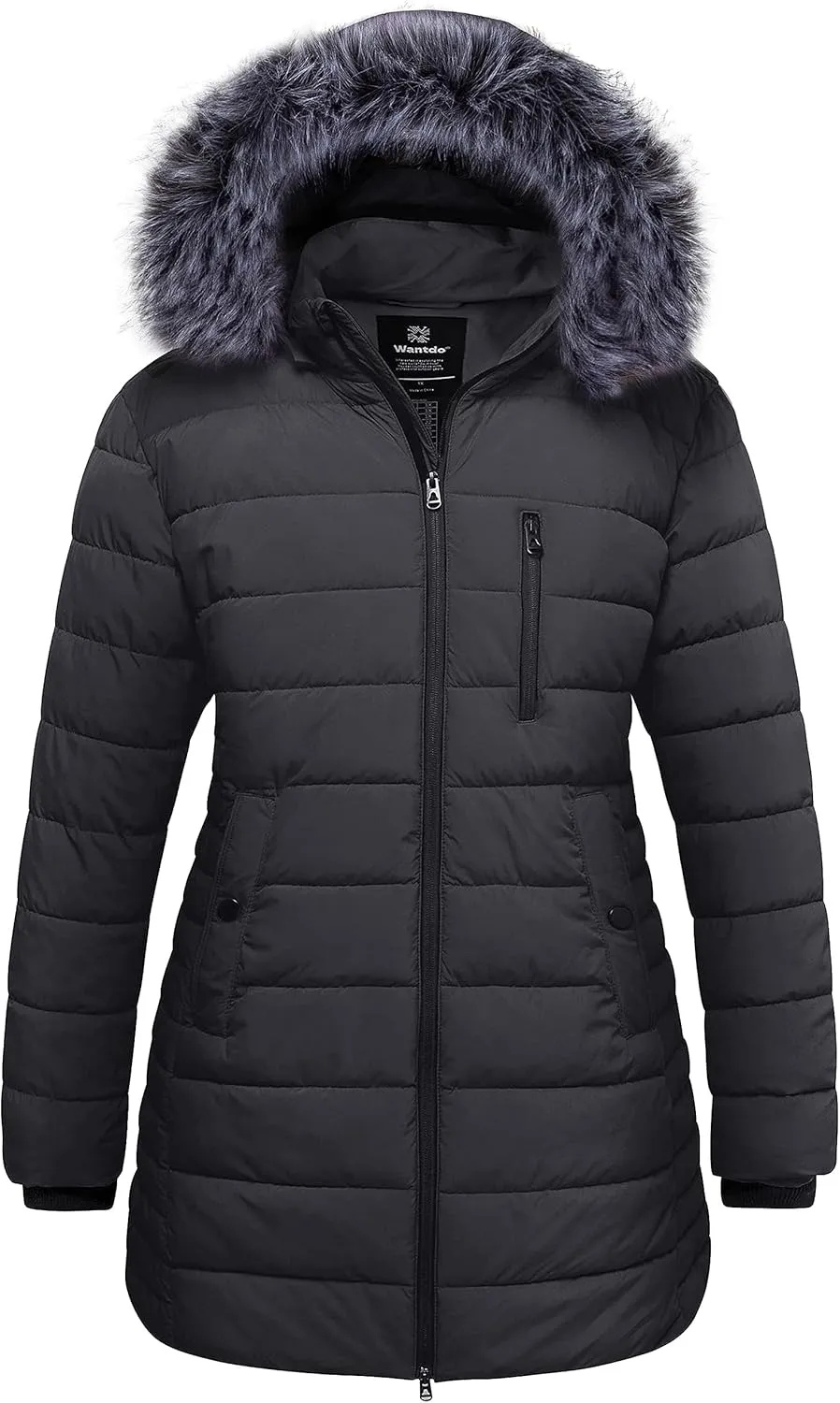 wantdo Women's Plus Size Winter Coats Warm Long Puffer Coat Quilted Parka Jacket with Removable Fur Hood