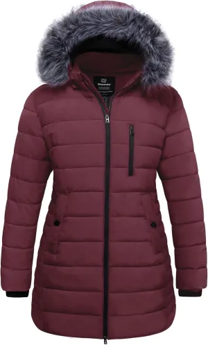 wantdo Women's Plus Size Winter Coats Warm Long Puffer Coat Quilted Parka Jacket with Removable Fur Hood
