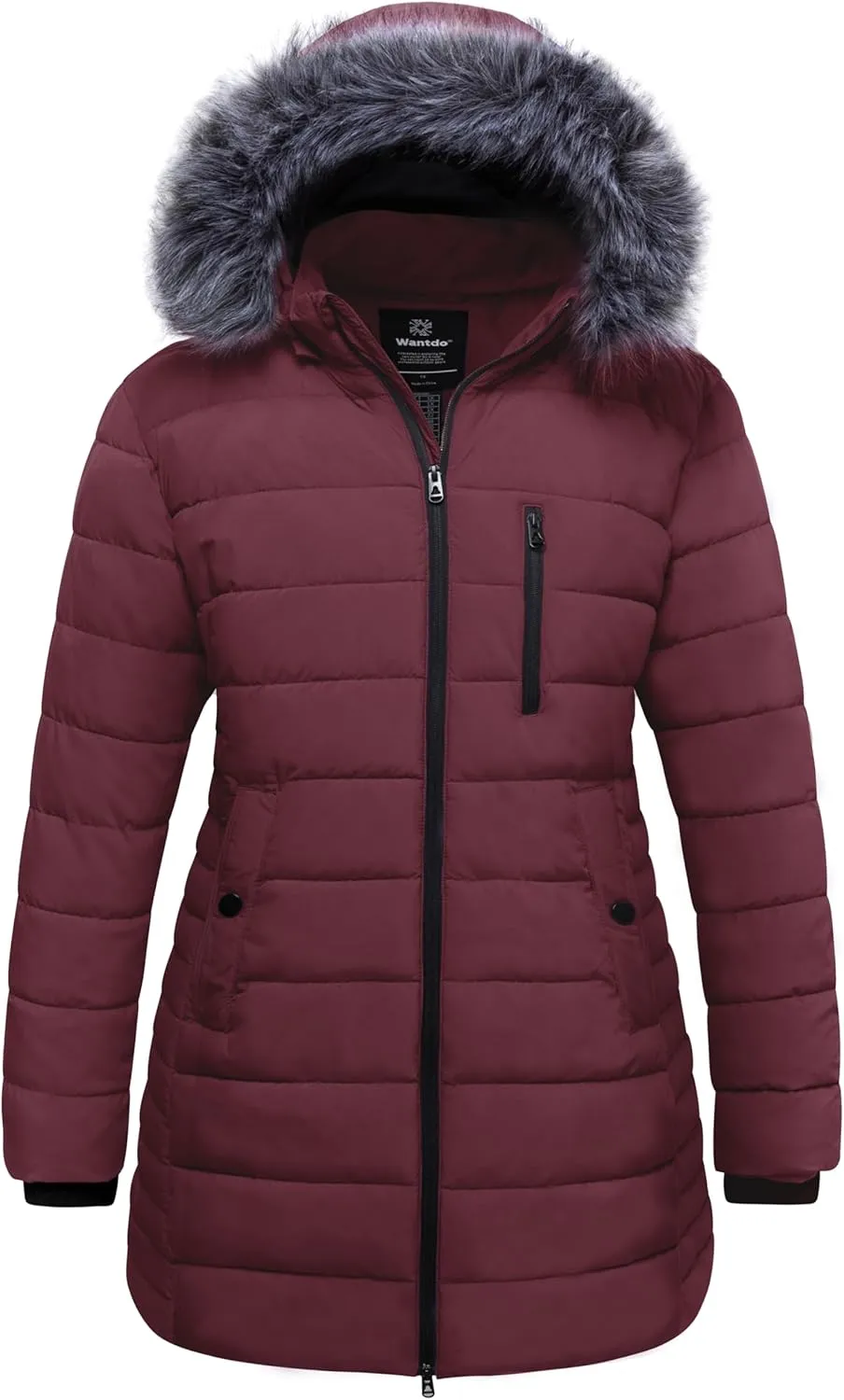 wantdo Women's Plus Size Winter Coats Warm Long Puffer Coat Quilted Parka Jacket with Removable Fur Hood