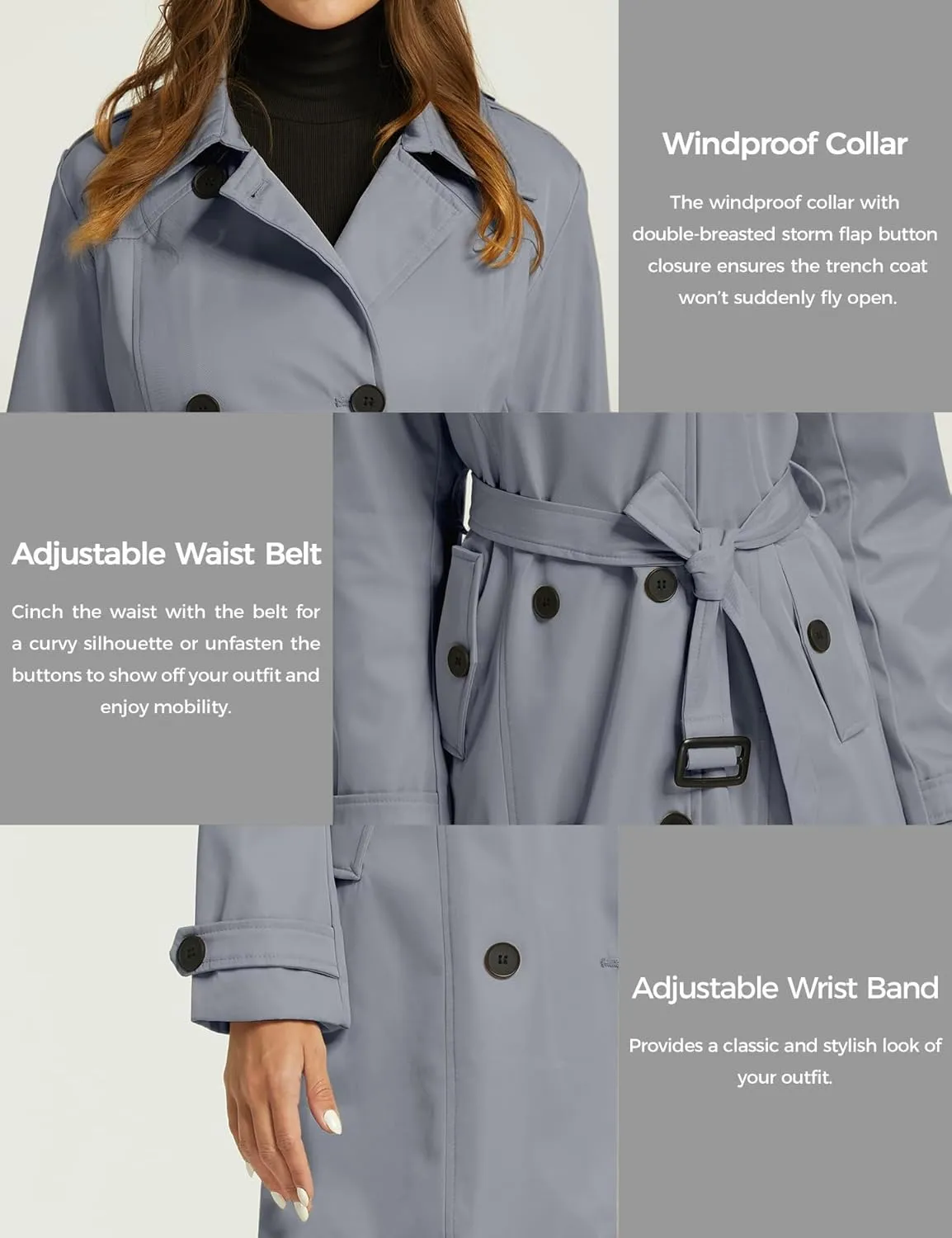 wantdo Women's Waterproof Trench Coat Classic Lapel Outerwear Coat with Belt