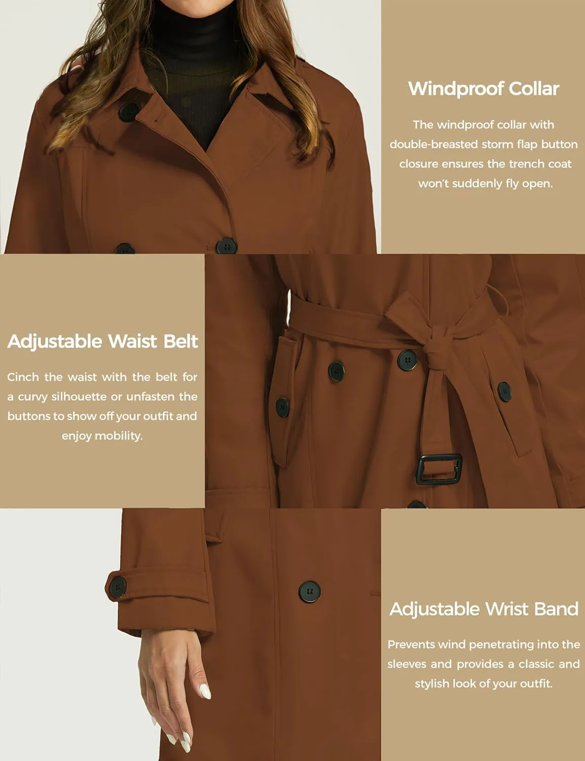 wantdo Women's Waterproof Trench Coat Classic Lapel Outerwear Coat with Belt