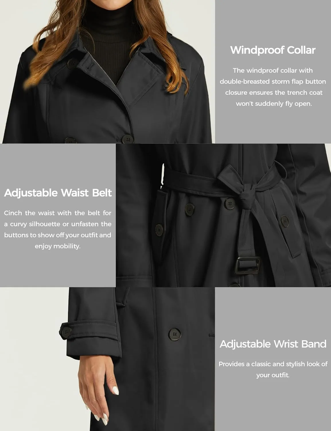 wantdo Women's Waterproof Trench Coat Classic Lapel Outerwear Coat with Belt