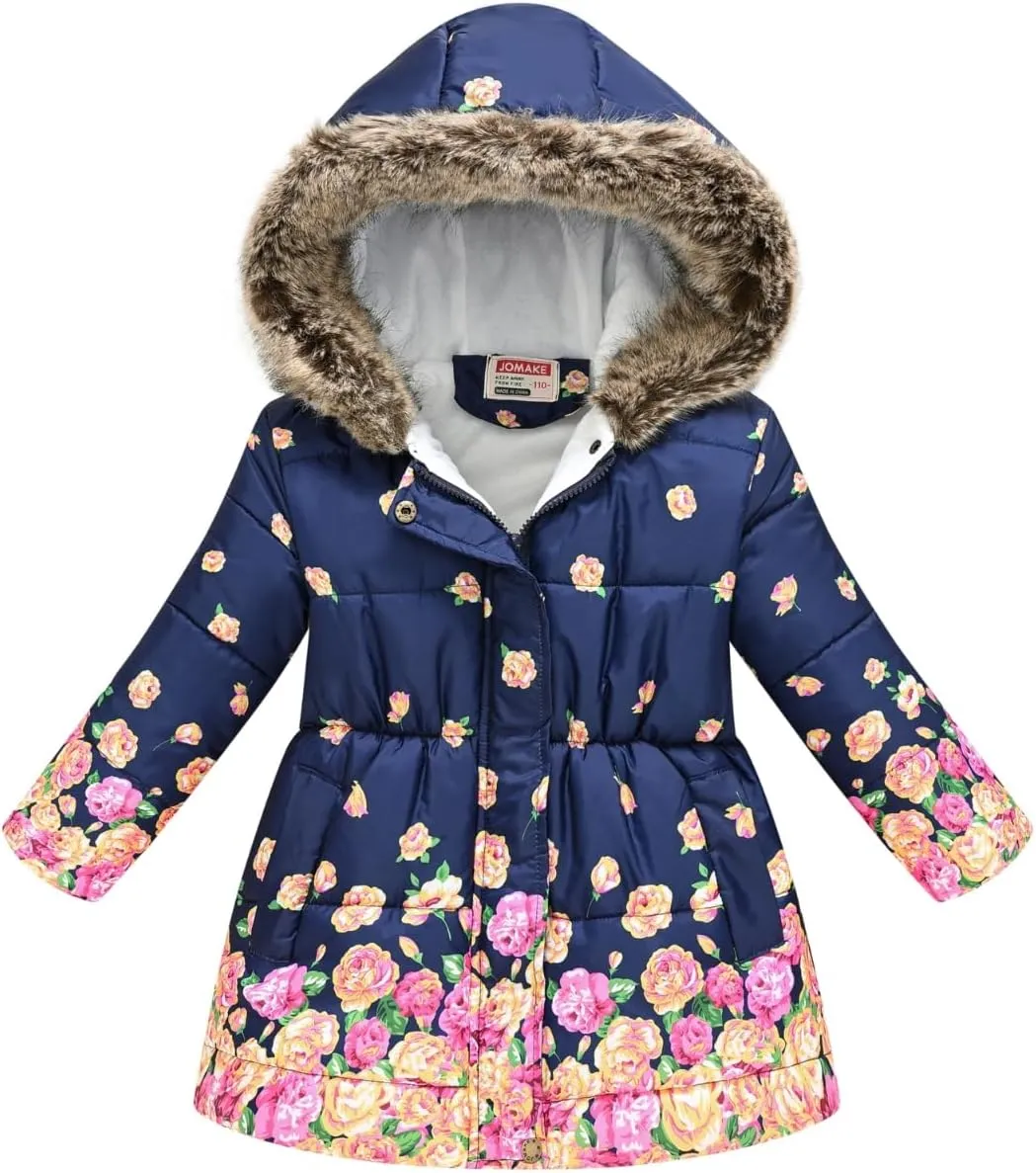 Winter Coats For Girls Hooded Waterproof Floral Printed Kids Toddler Warm Snow Jacket