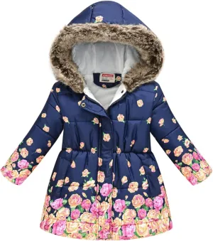 Winter Coats For Girls Hooded Waterproof Floral Printed Kids Toddler Warm Snow Jacket
