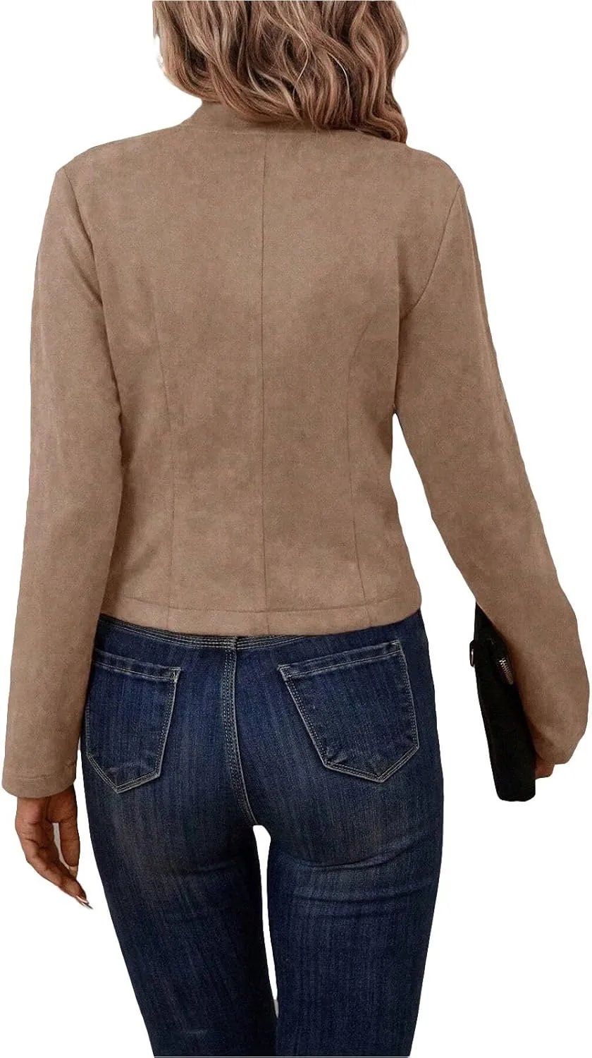 Womens Cropped Suede Blazer Jacket 2024 New Spring Fashion Casual Lightweight Petite Fitted Office Outwear Suit