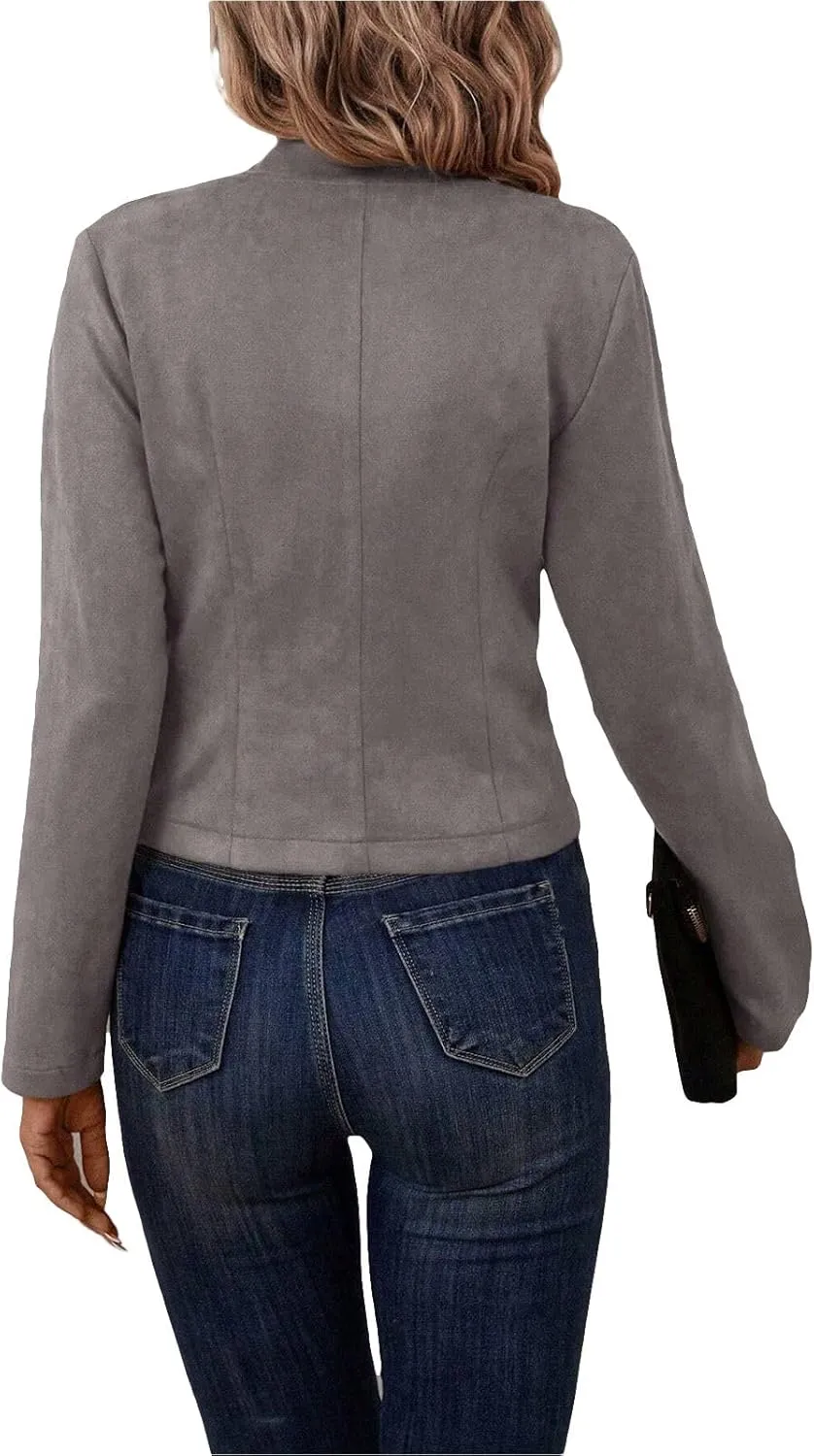 Womens Cropped Suede Blazer Jacket 2024 New Spring Fashion Casual Lightweight Petite Fitted Office Outwear Suit