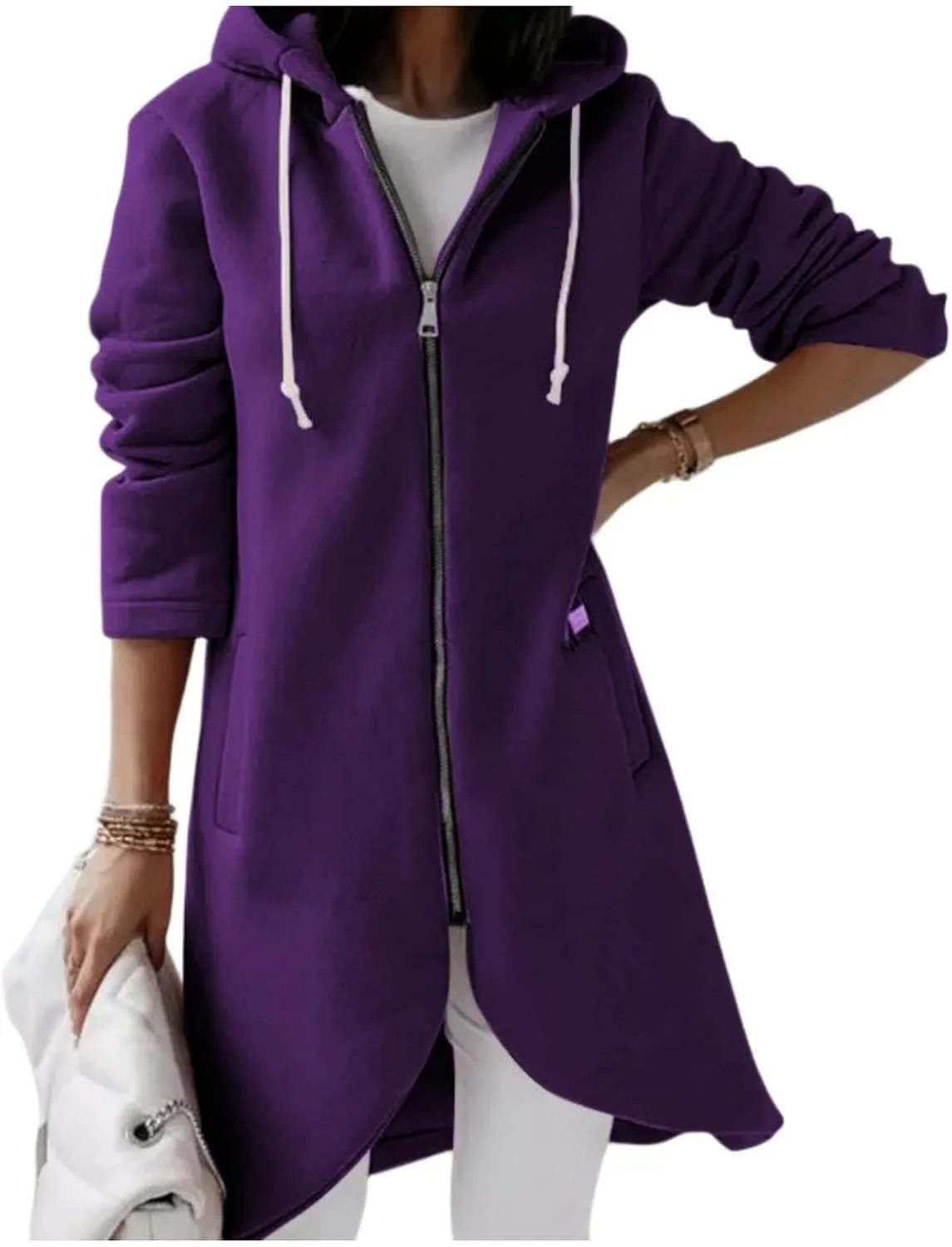 Women's Full Zip Up Hoodies Irregular Hem Long Sweatshirts Fleece Tunic Long Jacket Casual Loose Coat with Pockets