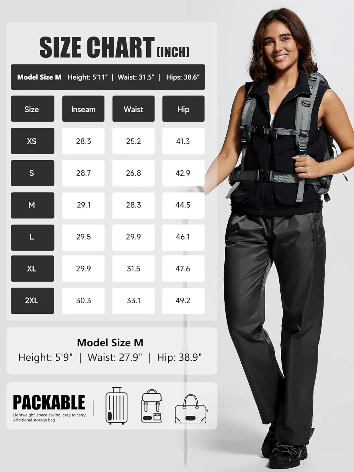 Women's Lightweight Waterproof Windproof Hiking Rain Pants Foldable Fishing Outdoor Rain Pants with Storage Bag