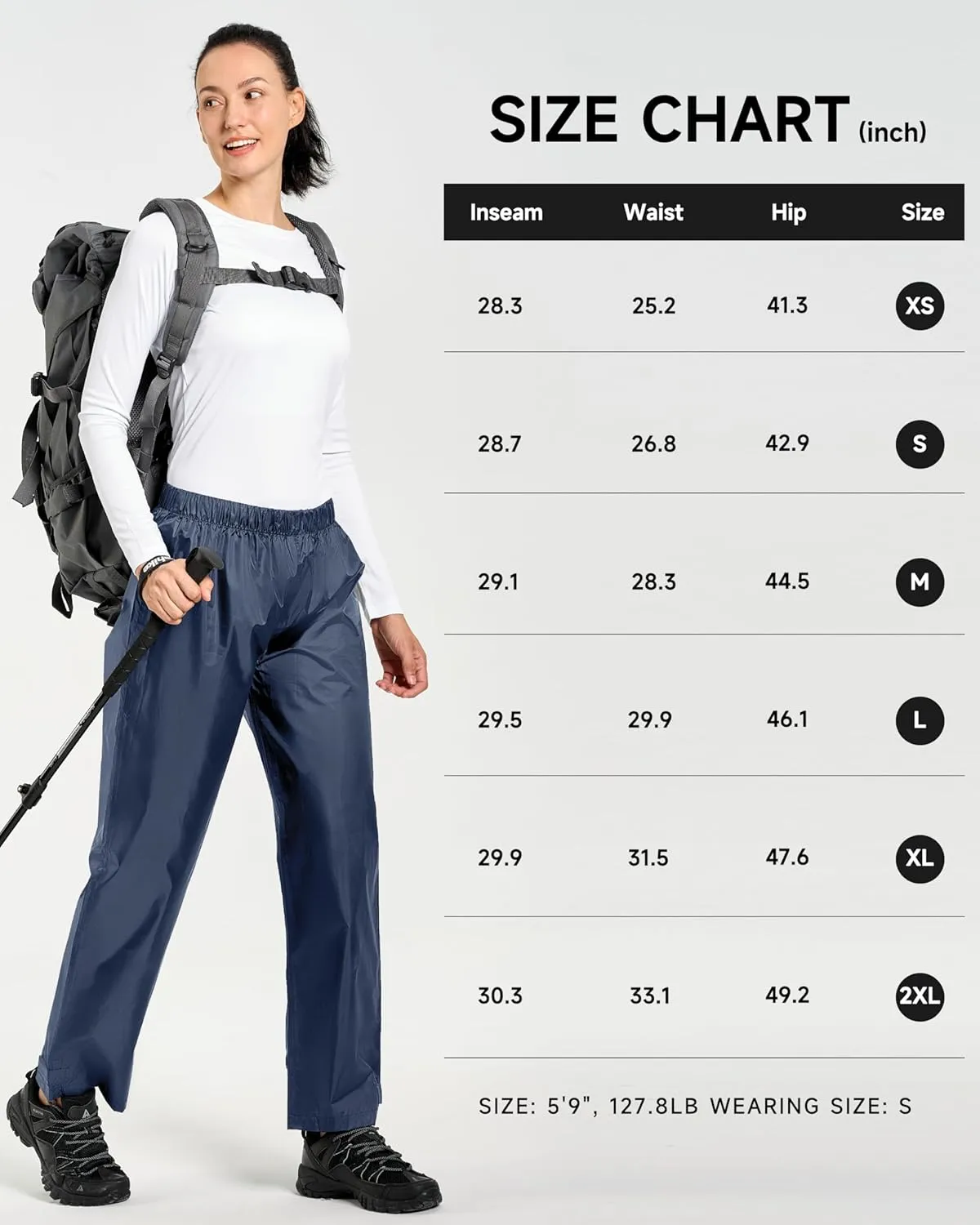 Women's Lightweight Waterproof Windproof Hiking Rain Pants Foldable Fishing Outdoor Rain Pants with Storage Bag