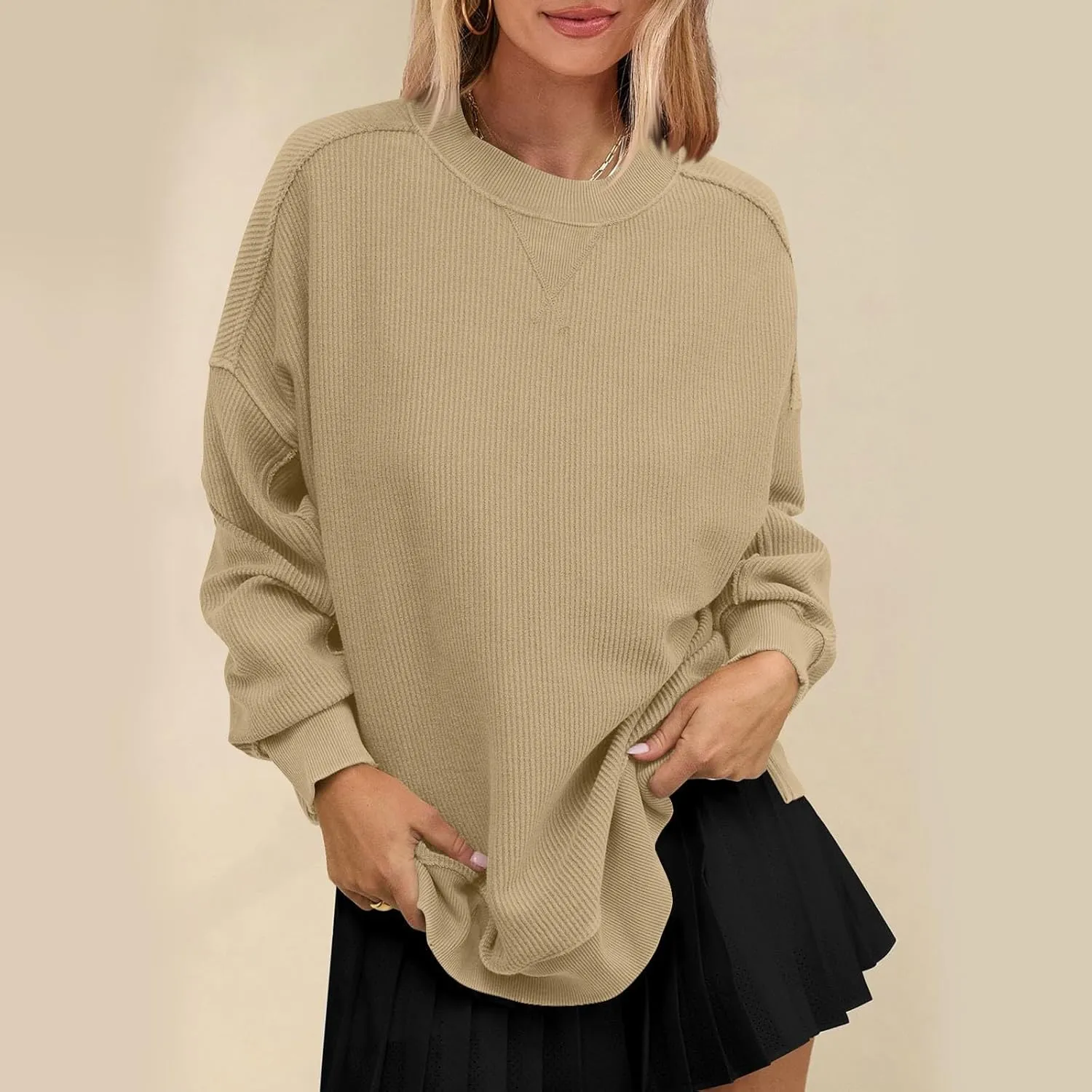 Womens Long Sleeve Tops 2025 Loose Crewneck Sweatshirt Trendy Casual Loose Fit Spring Fashion Pullover Knit Outfit