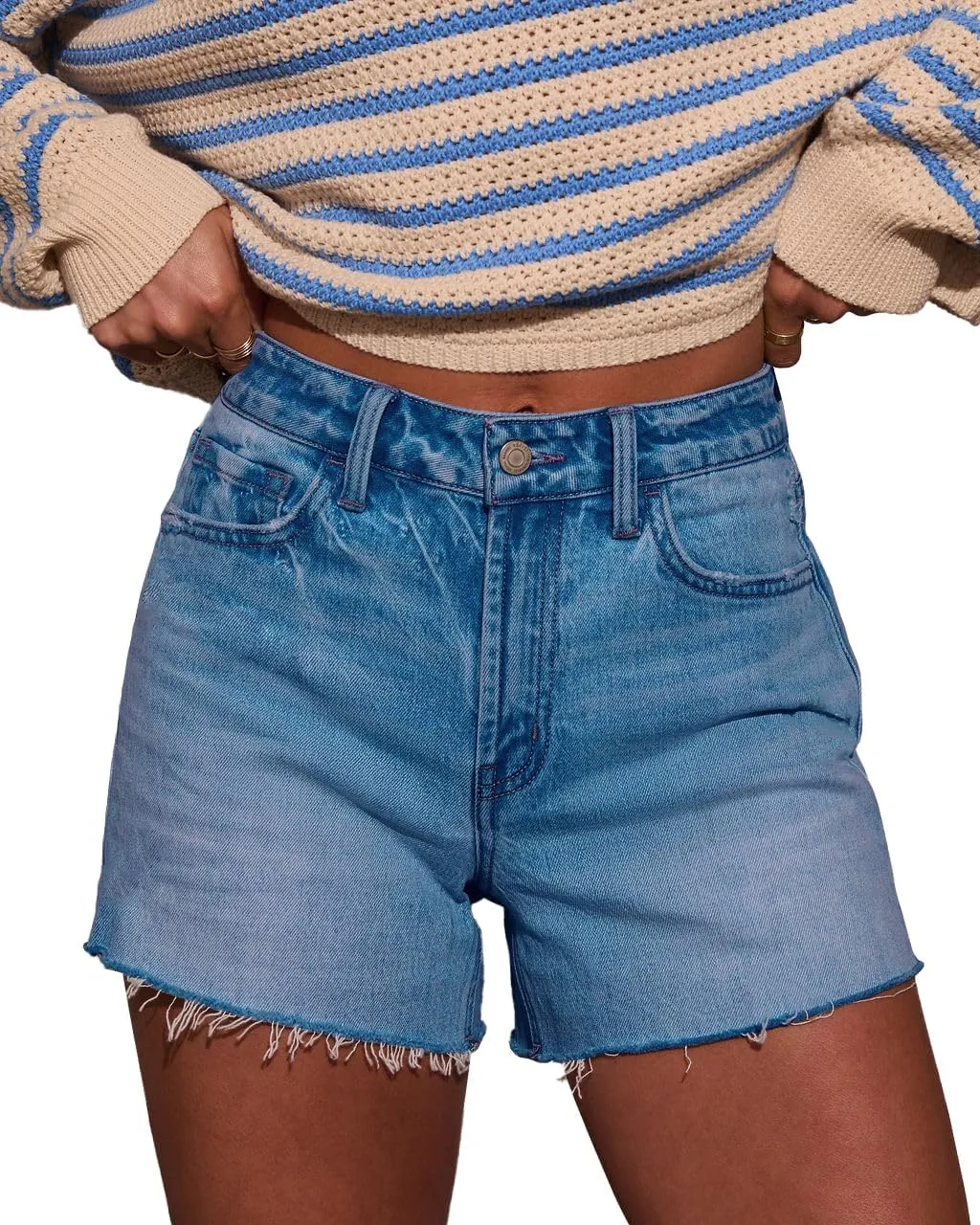 Womens Mid-High Waisted Ripped Denim Jean Shorts Cutoff Stretchy Summer Hot Short Pants