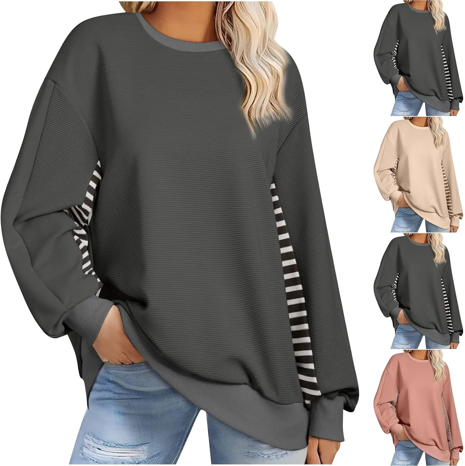 Women's Oversized Sweatshirts Trendy Long Sleeve Crew Neck Corduroy Pullover Tops Loose Comfy Fall Outfits 2024