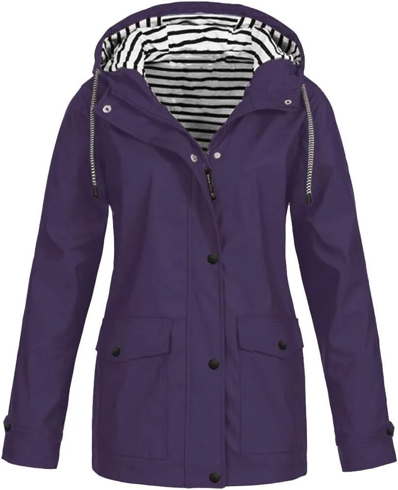 Womens Rain Coats Long Sleeve Hooded Waterproof Jacket