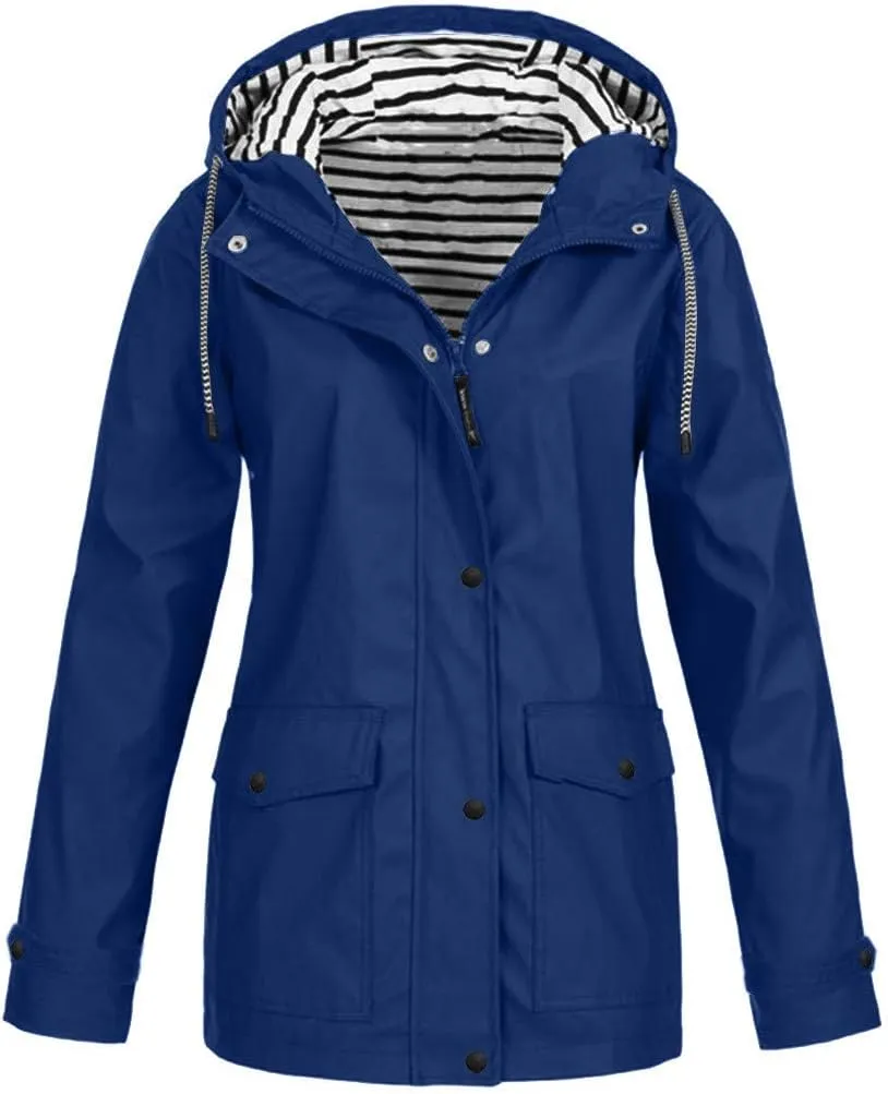 Womens Rain Coats Long Sleeve Hooded Waterproof Jacket