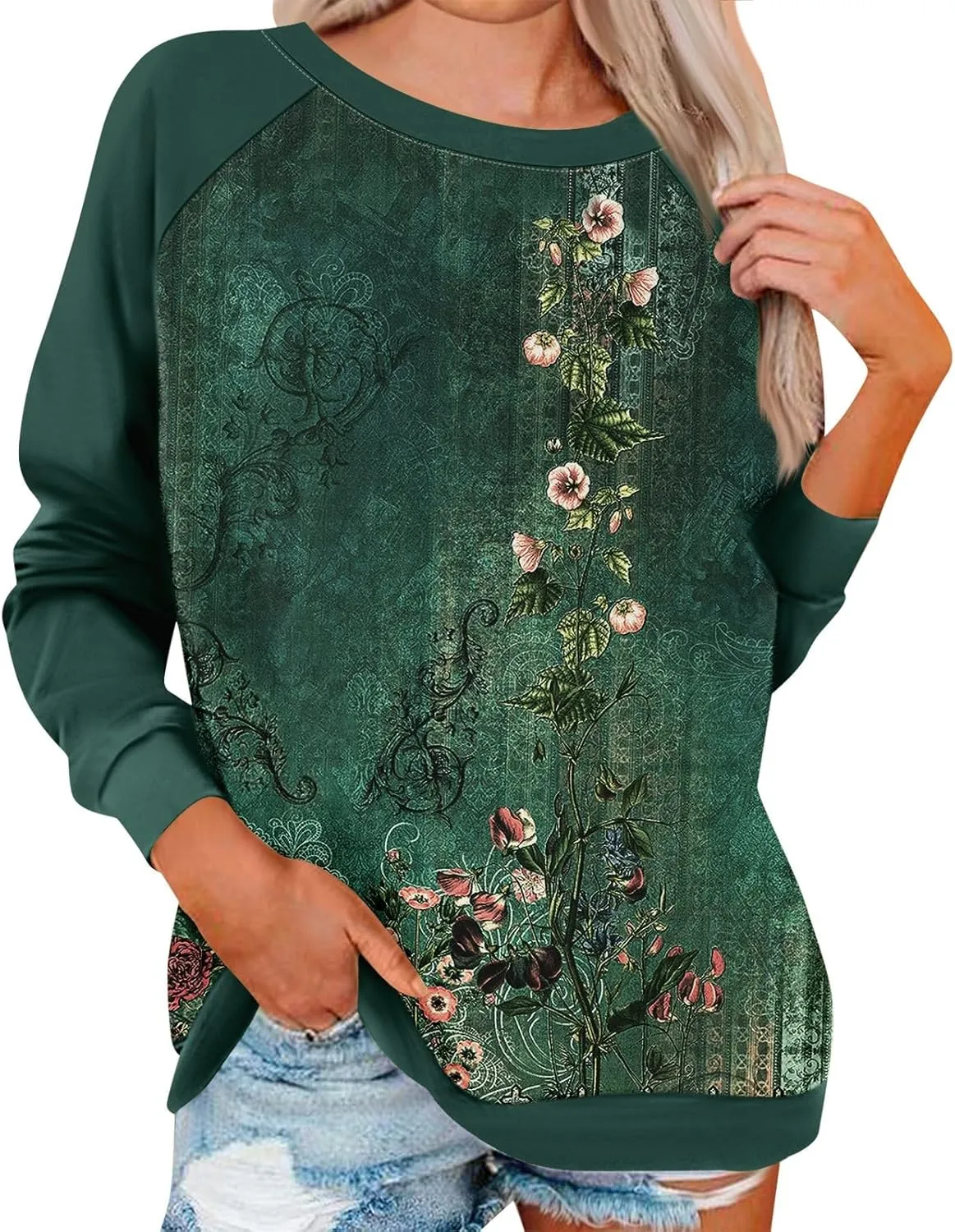 Womens Sweatshirts Floral Print Long Sleeve Loose Fit Shirts Crewneck Cute Trendy Clothing Sweater