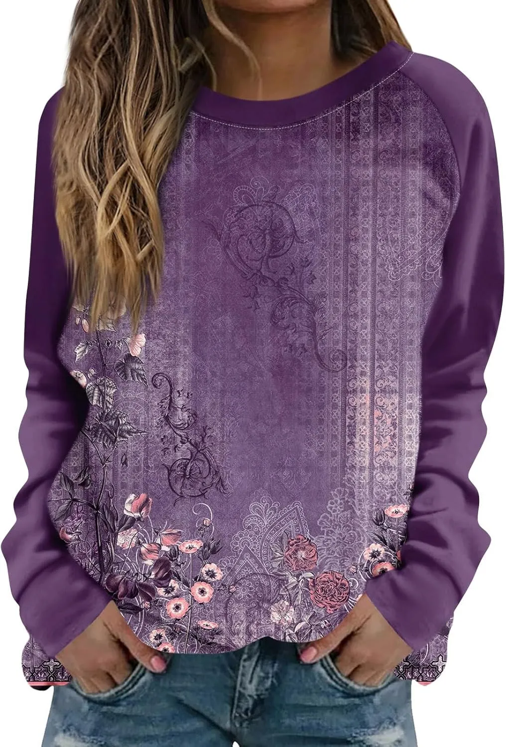 Womens Sweatshirts Floral Print Long Sleeve Loose Fit Shirts Crewneck Cute Trendy Clothing Sweater