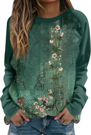 Womens Sweatshirts Floral Print Long Sleeve Loose Fit Shirts Crewneck Cute Trendy Clothing Sweater
