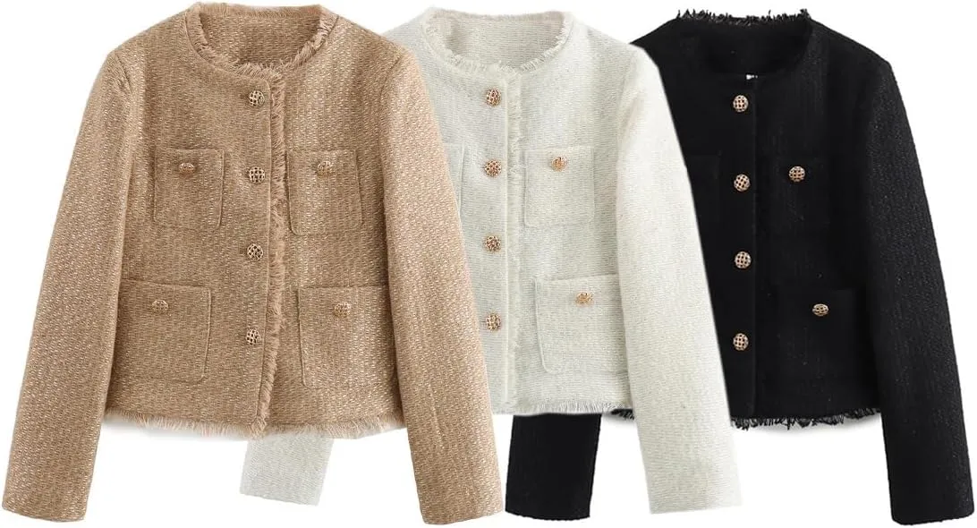Womens Tweed Blazers Winter Fashion Elegant Casual Work Jackets with Pockets