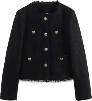 Womens Tweed Blazers Winter Fashion Elegant Casual Work Jackets with Pockets