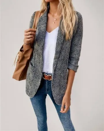 Women's Tweed Style 3/4 Sleeve Blazers, Dressy Lapel Open Front Suit Jacket Business Casual Outfits Fitted Coats with Pockets