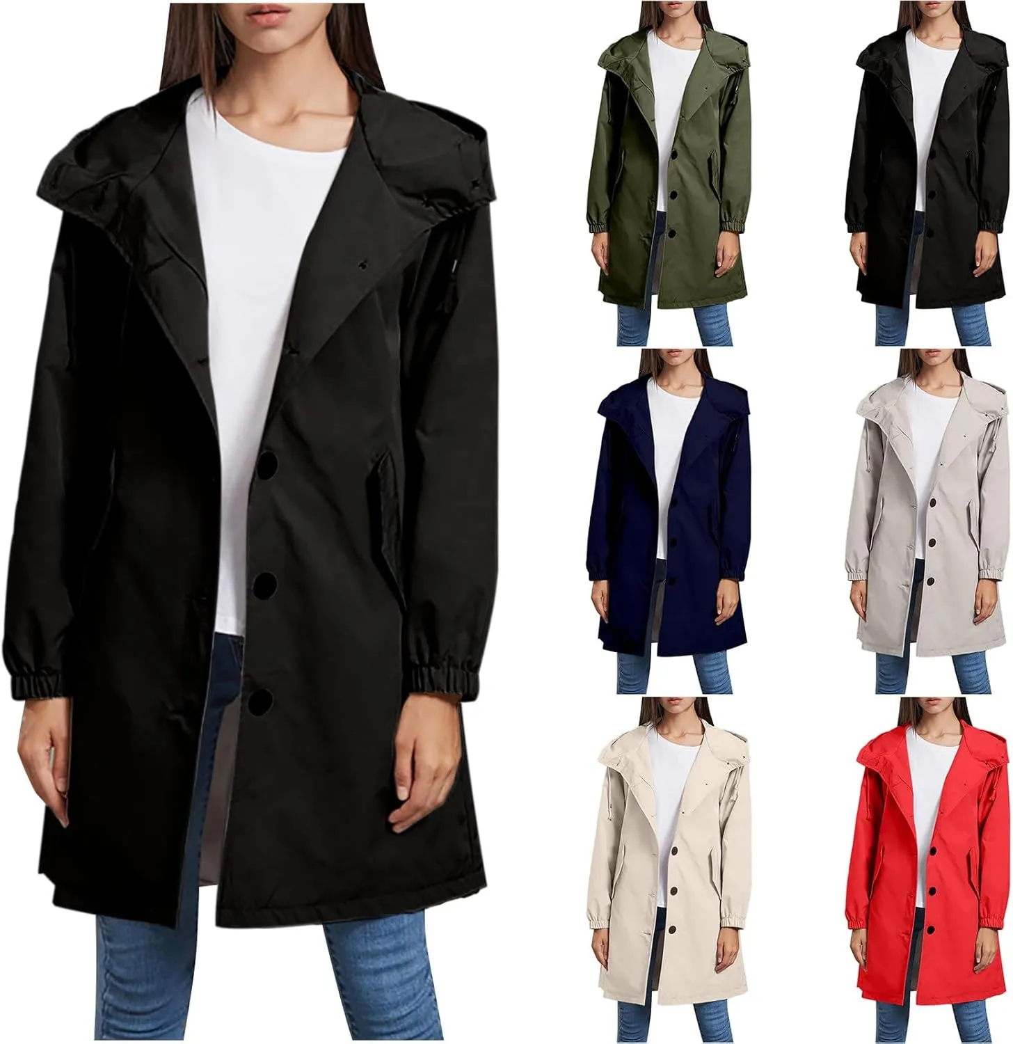 Women's Waterproof Trench Coat Long Sleeve Double Breasted Oversized Rain Jacket Hooded Windbreaker Casual Raincoat